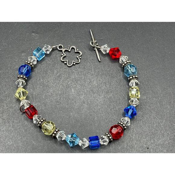 Vtg Sterling Silver 925 Crystal Multicolored Beaded Bracelet Sz 7 1/4" - Picture 1 of 7